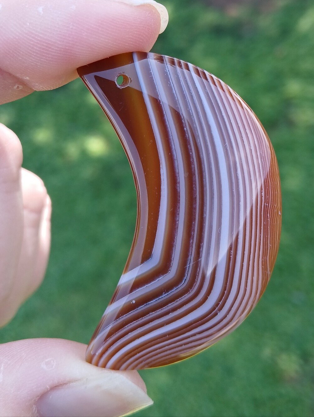 New Brown Stripes Agate Carved Crescent Moon Pendant.